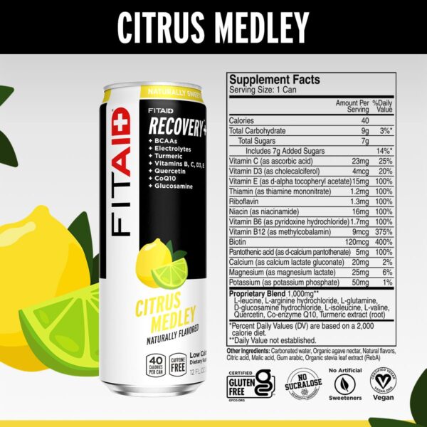 FITAID Recovery Blend, BCAAs, Vitamin B6, B12, Glucosamine, Electrolytes, 100% Clean, Paleo, B-Complex, Citrus Medley, No Sucralose, 12-oz. cans (Pack of 12)