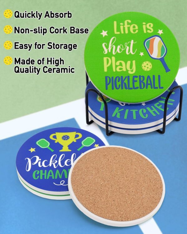 Pickleball Gifts for Women Men Pickleball Lovers 6Pcs Coasters for Drinks Absorbent Ceramic Stone Coasters with Metal Holder Stand Cup Placemat Funny Christmas Pickleball Gift Idea Home Decor