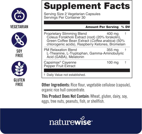 Naturewise Nighttime Fitness Support Supplement & Natural Sleep Aid with Cayenne Extract, Green Coffee Bean, GABA, L-Theanine - Vegetarian, Non-GMO - 60 Capsules[1-Month Supply]