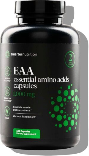 Smarter Nutrition Essential Amino Acids (EAA) Capsules - 1 Gram Per Serving of All 9 EAAs - Supports Muscle Mass & Exercise - Non-GMO, Vegan, Gluten Free - 180 Count[90-Day Supply]