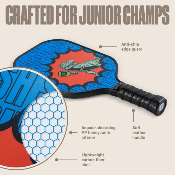 71o5Q3e3ziL._AC_SL1500_.jpg Sportbit Kids Pickleball Paddles Set of 1 or 2 - Child Size Pickleball Paddle for Kids Small and Lightweight - Carbon Fiber Youth Pickleball Paddle Set with Bag for Children Under 12.