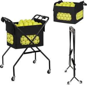 Pickleball Tennis Ball Hopper Tennis Basket Foldable Pickleball Ball Holder Caddy with Wheels Removable Bag Portable Tennis Ball Picker Cart Holds 170 Tennis Balls or 140 Pickleballs