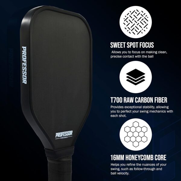 Professor Precision Pickleball Training Paddle - Sweet Spot Enhancement Paddle with Extended Handle - T700 Raw Carbon Fiber Construction, 16MM Core Practice Pickleball Trainer Paddle, Black
