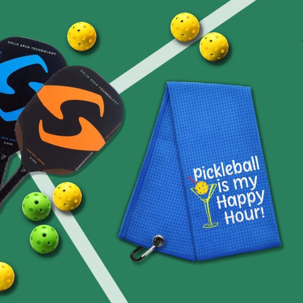 ERHACHAIJIA Pickleball is My Happy Hour Embroidered Pickleball Sports Towel with Clip. Funny Pickleball Gifts for Men Women Pickleball Lover, Birthday Retirement Mother's Day