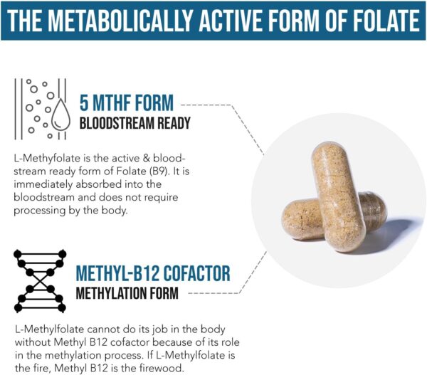 L Methyl Folate 15mg Plus Methyl B12 Cofactor – High Potency, Active 5-MTHF Form - Supports Mood, Methylation, Cognition – Bioactive Forms of Vitamin B9 & B12 (60 Capsules – 60 Servings)