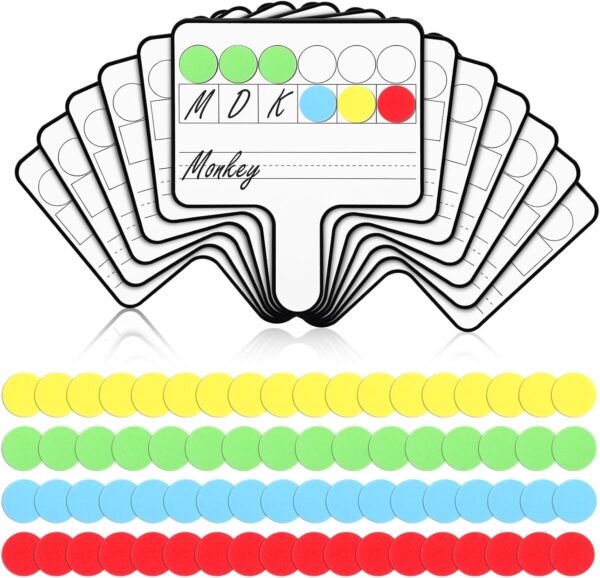 Seajan 12 Pcs Paddle Set Education Dry Erase Double Side Handheld Answer Board with Magnetic Counters Discs Phonemic Awareness Phonics Games Toy for Students Kids Teaching (Classic Color)