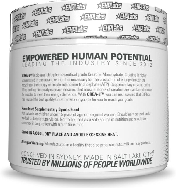 EHP Labs CREA-8 Creatine Monohydrate Powder - Unflavored Creatine Powder for Muscle Growth, Increased Strength, Enhanced Energy Output and Improved Performance - 100 Servings (500g)
