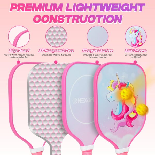 Kids Pickleball Paddles, Cute Pickleball Paddle with Small Grip, Lightweight Pickleball Rackets, Honeycomb Core, Fiberglass Pickleball Paddle Set for Children 4-11 Years Old, Child-Size