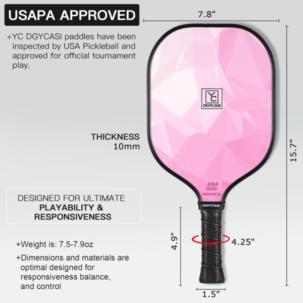 YC DGYCASI Pickleball Paddles Set of 2, 2025 USAPA Approved Fiberglass Pickleball Set, Lightweight Pickle Ball Rackets 2 Pack, 2 Outdoor Pickleball Balls, 2 Indoor Balls, 1 Bag, Pink