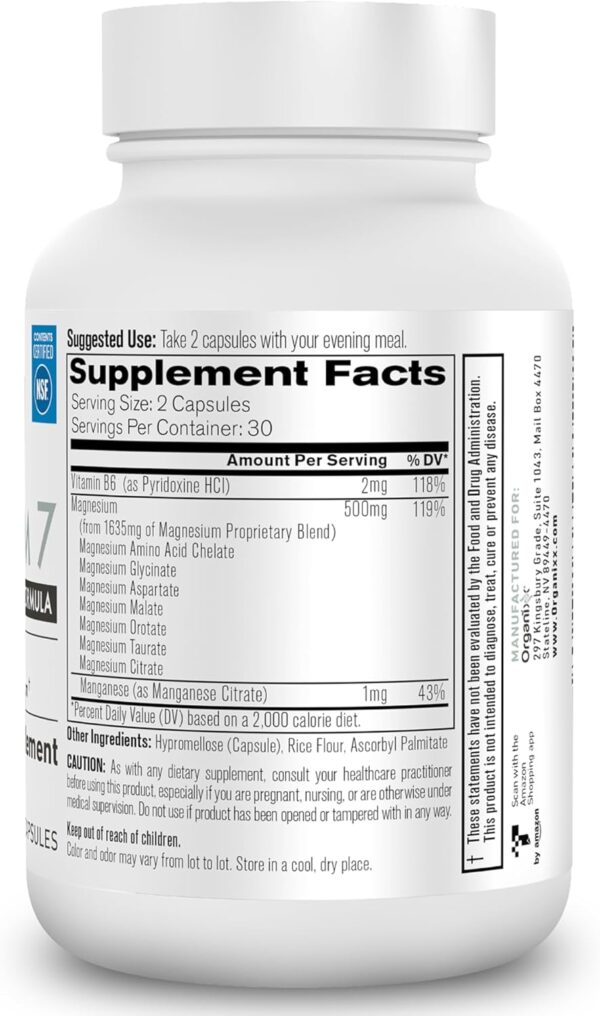 Organixx Magnesium Glycinate Supplement for Support Sleep, Muscle & Heart Health, 7 Type Magnesium Complex with Vitamin B6, Manganese Citrate, Gluten Free, Vegan, Non GMO, High Absorption, 60 Capsules