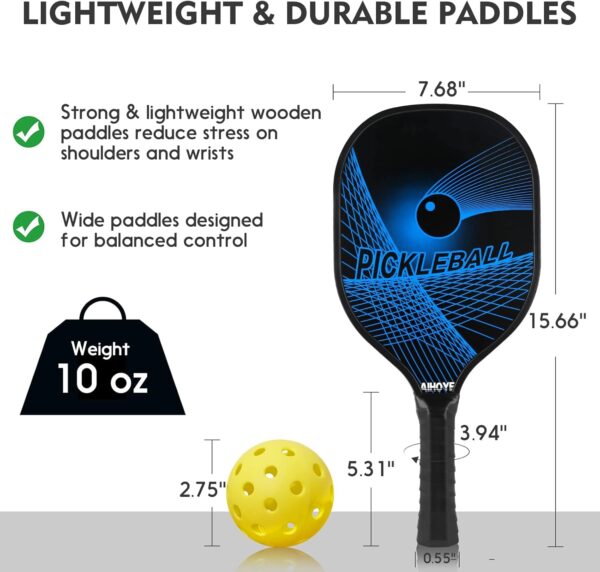 Aihoye Pickleball Paddles Set of 4, Wooden Rackets with Cushion Grip, Indoor & Outdoor, 4 Balls & 1 Carry Bag