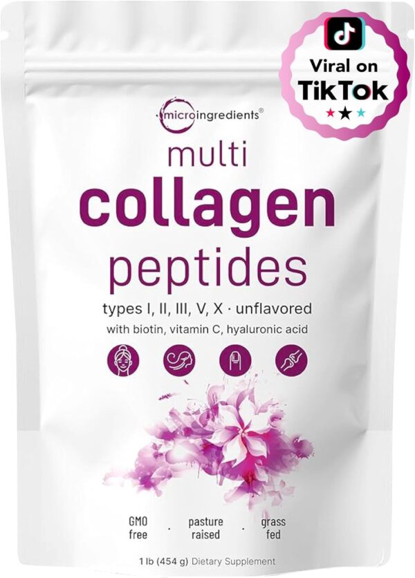 Multi Collagen Peptides Powder, 16 Oz - Hydrolyzed Protein Peptides | Type I,II,III,V,X with Hyaluronic Acid, Biotin & Vitamin C - Unflavored - Keto & Paleo Friendly, Ez Mix in Drinks