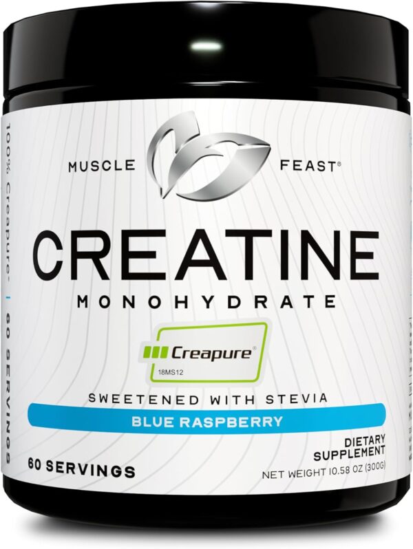 Muscle Feast Creapure Creatine Monohydrate Powder, Vegan Keto Friendly Gluten-Free Easy to Mix, Muscle Recovery Supplement and Best Creatine for Muscle Growth, Natural Blue Raspberry, 300g