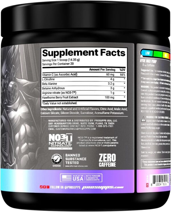 PROSUPPS Mr. Hyde Max Pump Pre Workout Powder - Stim-Free Preworkout Supports Blood Flow, Muscle Volume & Endurance - Caffeine-Free Nitric Oxide Gym & Fitness Supplements (Blue Razz, 20 Servings)