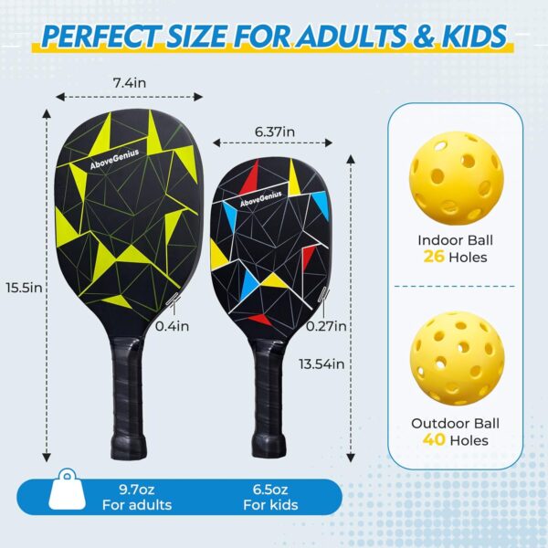 Family Pickleball Paddles Set of 4,Including 2 Kids Pickleball Paddles, 2 Adult Racket, 4 Balls, 1 Portable Carrying Bag, Sport Gifts for Kids, Women, Men, Beginner
