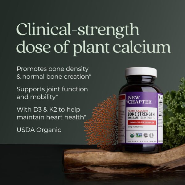 New Chapter Calcium Supplement - Bone Strength Organic Calcium with Magnesium, Vitamin D3+K2, 70+ Trace Minerals for Bone Health, Gluten Free, Easy to Swallow Slim Tablets - 120 Count