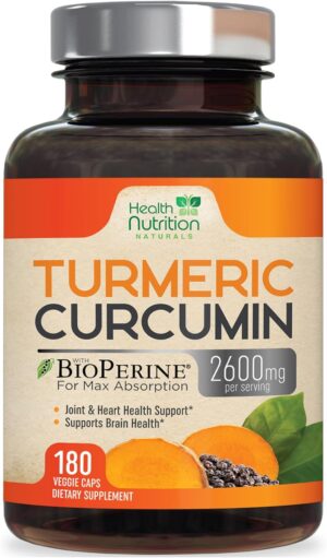 Turmeric Curcumin Supplement 2600mg with Black Pepper Extract 95% Curcuminoids - High Absorption Ultra Potent Turmeric Capsules with BioPerine, Nature's Tumeric Pills for Joint Support - 180 Capsules