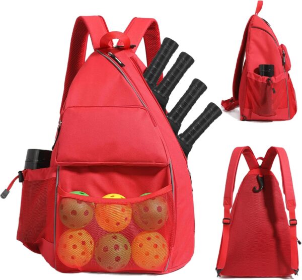 Sports Bag for Pickleball- Large Capacity Sports Bag for 4 Paddles, Adjustable & Multi-Functional - Ideal for Tennis, Squash, Cross-Body Sports Backpack with Fence Hook (Red)