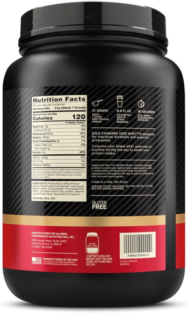 Optimum Nutrition Gold Standard 100% Whey Protein Powder, Double Rich Chocolate, 2 Pound (Packaging May Vary)