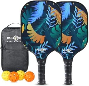 FLUORY Pickleball Paddles Set of 2, Lightweight Fiberglass Surface Pickleball Rackets Set with 4 Outdoor Indoor Balls,1 Carry Bag,Pickleball Racquets Gifts for Men Women