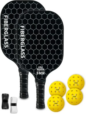 Pickleball Paddles Set of 2 with 4 Balls - USAPA Approved Fiberglass Surface, Lightweight, Non-Slip Grip - Premium Paddle Set for All Skill Levels Indoor & Outdoor