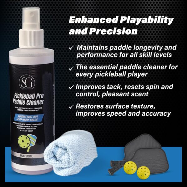 Pickleball Paddle Cleaner Spray - Removes Dirt, Ball Residue, Scuff Marks- EPA Safer Ingredients, Pickleball Accessories, Pickleball Gifts, Presidents Day Deals - 8 FL Oz (Cloth & Thumb Tape Included)