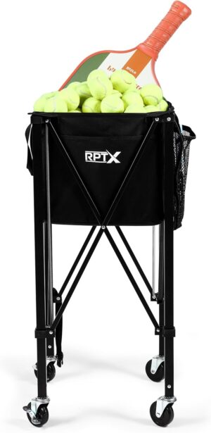 Tennis Ball Cart | Pickleball Ball Hopper | 150 Ball Capacity | Multiple Storage Pockets | Carrying Bag | Sturdy Pickleball Cart with Wheels | Ball Caddy for Practice & Training