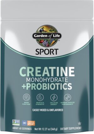 Garden of Life Creatine Monohydrate Powder for Women and Men, Micronized Pre Workout with Probiotics for Muscle, Strength, Performance, Sport Amino Energy, About 60 Easy to Mix Unflavored Servings