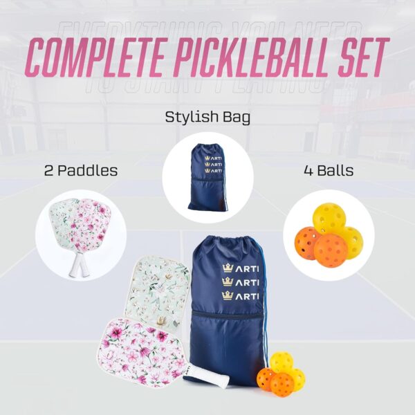 Fiberglass Pickleball Paddles Set of 2 with Polypropylene Honeycomb-Reinforced Core Fiberglass Design Lightweight Pickle Ball Paddle for Beginners Rackets with 4 Balls for Adults and Teenagers