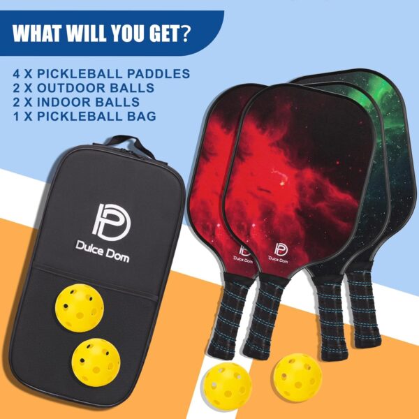 DULCE DOM Pickleball Paddles Set of 2/4 - USAPA Approved, Fiberglass Surface Pickleball Racket with 4 Indoor Outdoor Pickleball Balls and Pickleball Bag, Ideal Training Equipment Gift for Men & Women