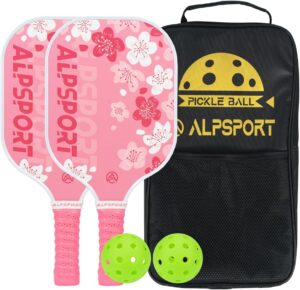 Sakura Pink Pickleball Paddles Set of 1/2, USAPA Approved Fiberglass Graphite Cherry Racquet with Tied Grips, 2 Indoor Outdoor Pickleball Balls, 1 Cover Bag Men Women