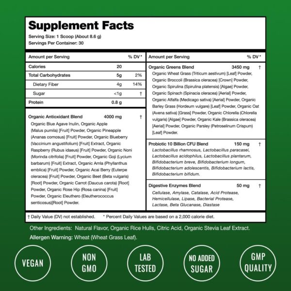 NutraChamps Super Greens Powder Premium Superfood | 20+ Organic Green Veggie Whole Foods | Wheat Grass, Spirulina, Chlorella | Antioxidant, Digestive Enzyme & Probiotic Blends (9.0 Oz, Berry)