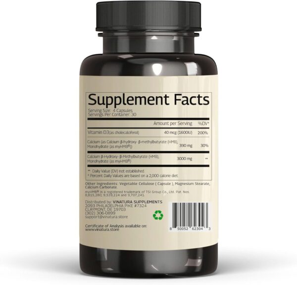 HMB 3000mg and Vitamin D3 Supplement Capsules per Serving *USA Made & Tested* Promotes Muscle Growth & Recovery - HMB Supplement and Vitamin D3 (1600 IU) - 120 Capsules 30 Servings