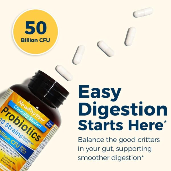 NewRhythm Probiotics 50 Billion CFU 20 Strains, 60 Veggie Capsules, Targeted Release Technology, Stomach Acid Resistant, No Need for Refrigeration, Non-GMO, Gluten Free