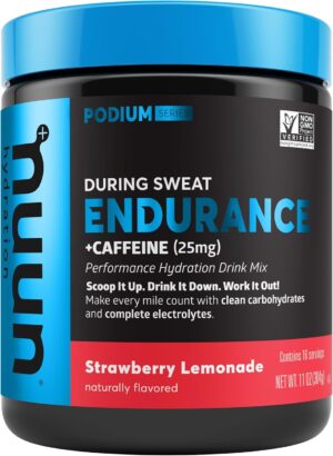 Nuun Hydration Endurance Powder, Strawberry Lemonade + Caffeine, Workout Support, 5 Essential Electrolytes for Hydration + Carbohydrates, Vegan, Non-GMO, (16 Servings - Canister)