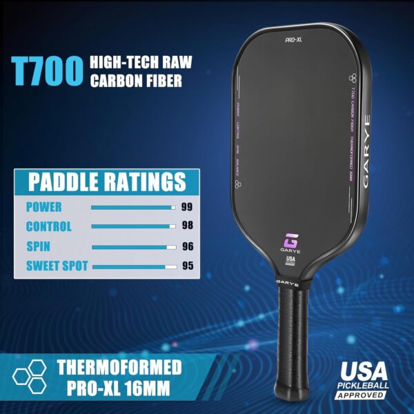 GARYE Pickleball Paddles, 16MM T700 Thermoformed Raw Carbon Fiber Pickleball Paddle, Great Grit & Spin, USAPA Approved PRO-XL Pickle Ball Rackets Set with Power, Control and Balance, 1 Cover
