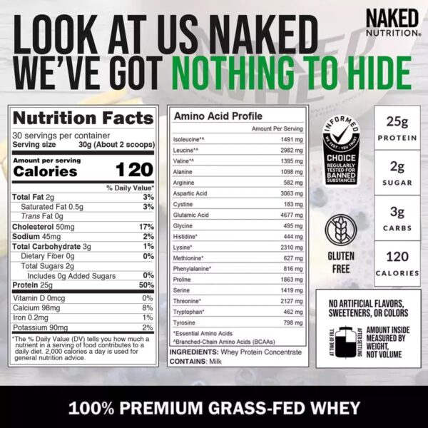 NAKED Whey 2LB 100% Grass Fed Whey Protein Powder - Only 1 Ingredient, Unflavored Whey Protein, Undenatured, Gluten Free, Soy Free, No GMOs, No Preservatives