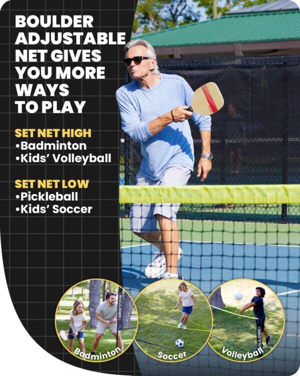 Boulder Sports All-in-One Pickleball & Badminton Set - Portable, Adjustable Net with Paddles & Rackets