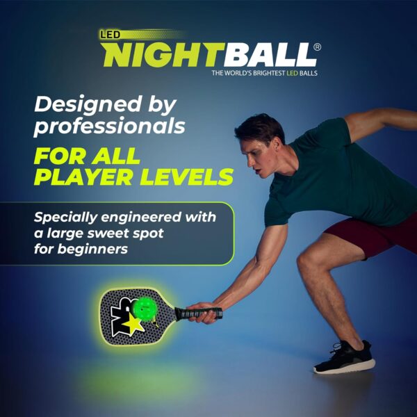 Nightball Pickleball Set - 2 LED Pickleball Paddles with 2 LED Light Up Pickleballs- Lightweight Wood Paddles with Rechargeable USBC Port - Pickleballs Include Batteries for 30+ Hours of Play Each