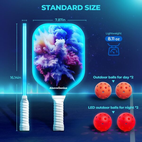 LED Light Up Pickleball Paddles Set of 2,2 Glow in The Dark Pickleball Paddles with Different RGB Color Lighting,2 Outdoor Balls,1 Carrying Bag,Pickleball Racket Gifts for Women Men