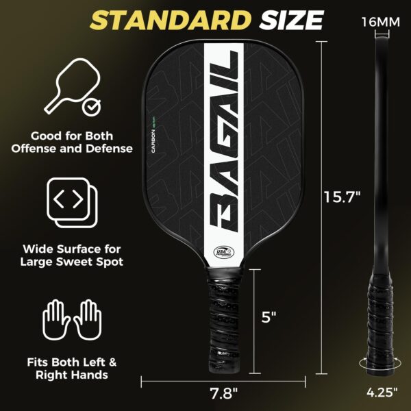 BAGAIL Pickleball Paddles, USAPA Carbon Fiber Pickleball Sets, Lightweight Pickle Ball Rackets, Graphite Textured Surface, 16mm Honeycomb Core for Ultimate Spin and Control, Include 4 Balls and 1 Bag