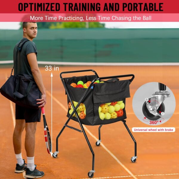 Pickleball Tennis Ball Hopper Tennis Basket Foldable Pickleball Ball Holder Caddy with Wheels Removable Bag Portable Tennis Ball Picker Cart Holds 170 Tennis Balls or 140 Pickleballs