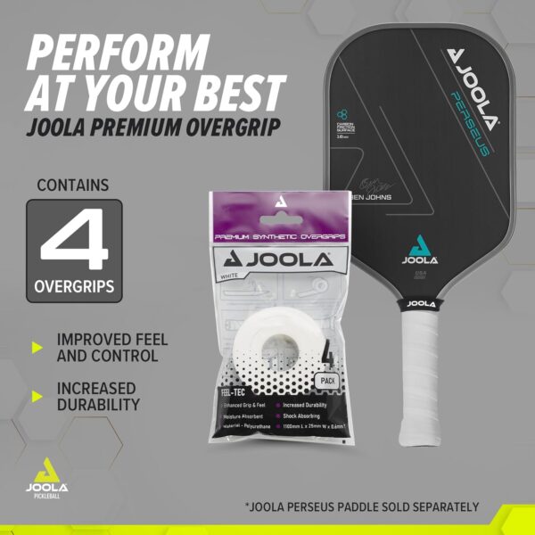 JOOLA Pickleball Overgrip - Tacky Feel Premium Synthetic Overgrips - Set of 4 - Pickleball Grip Tape for Any Brand Racket - Anti Slip Pickleball Tape Fits Elongated, Standard & Skinny Handles,White