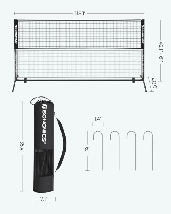 SONGMICS Badminton Net, Height Adjustable Volleyball Net, Pickleball Net for Junior Tennis, Kids, Indoor Outdoor Court, Foldable Nylon Net with Poles 10ft/13ft/16.5ft Wide