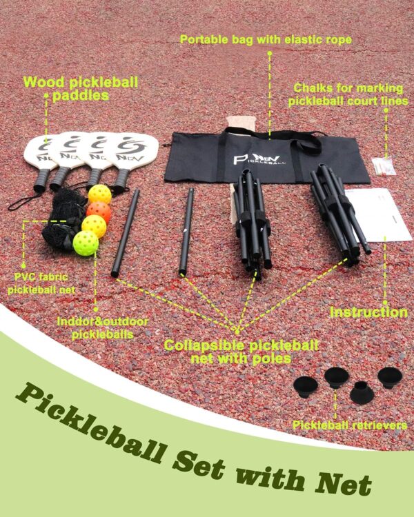 NQV Pickleball Set with Net,10FT Half Court Size Pickleball Net Portable Outdoor Indoor Driveway Home+4 Wood Paddles+4 Pickle Balls+4 Ball Retrievers, Pickleball Set for Adults Kids Beginners Pros