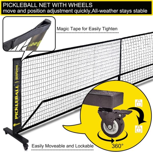 Movable Deluxe Heavy Duty Pickleball Net with Wheels,22 FT Regulation Size Including Carrying Bag,Sturdy Metal Stand and Upgraded PE Nets, Perfectly Straight, Suitable for Indoor Outdoor