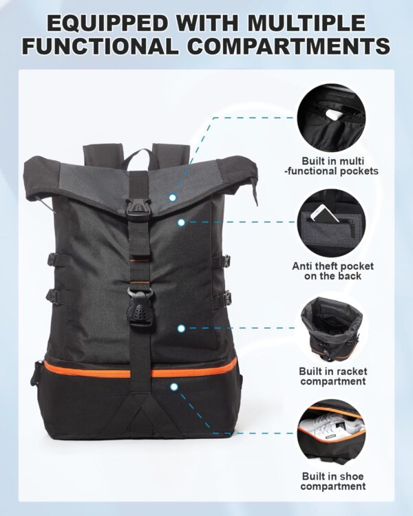 suwasp Pickleball Bag, Extra Large Backpack for Pickleball, Basketball, Tennis, Waterproof Paddle Bag Fits 4 to 10 Paddles, Includes Ventilated Shoe Compartment, Safety Pocket for Women and Men