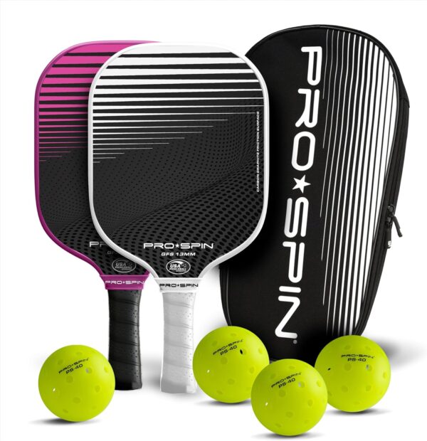PRO SPIN Pickleball Paddles - Set of 2 USAPA-Approved Graphite Carbon Pickle Ball Paddles, 4 High-Performance Pickleball Balls, Durable Bag for Rackets & Balls - Great Gift