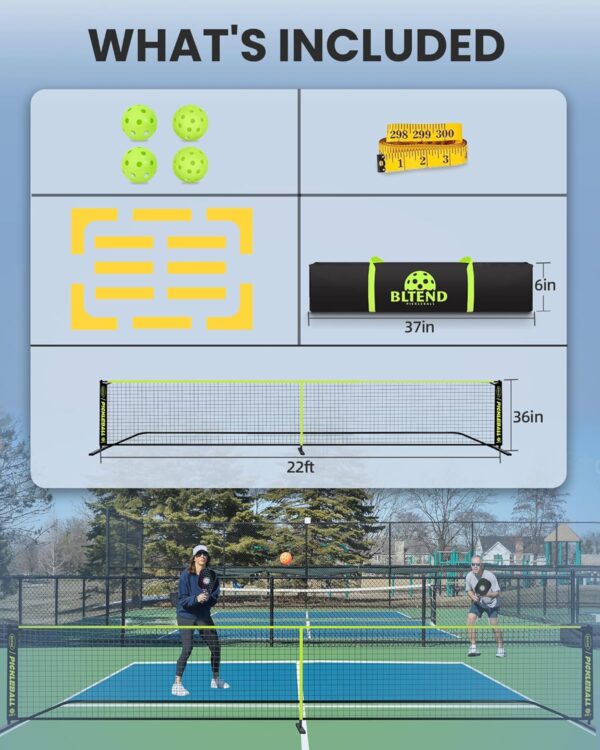 Bltend Pickleball Set - 22FT Regulation Size Portable Net, 4 Pickle Balls, Court Marker, Carry Bag and Tape Measure - Indoor Outdoor Driveway Gifts