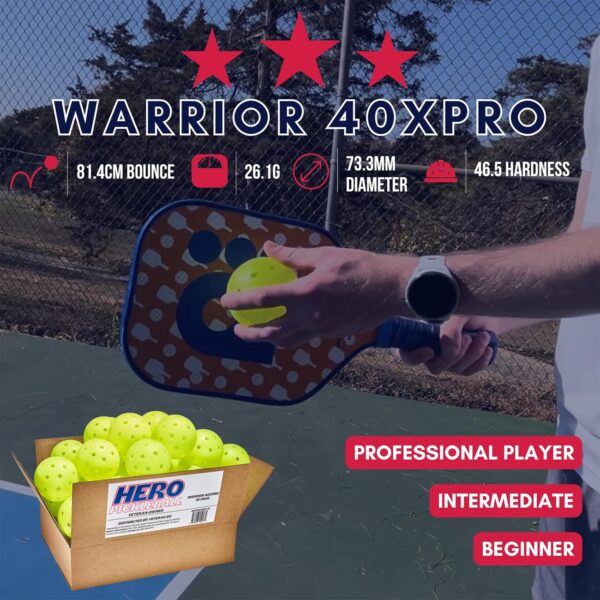 Hero Pickleball Warrior 40XPRO Veteran Owned - Durable Balls. Meets USA Pickleball Requirements. Works with All Paddles. Consistent Flight & Spin - 40 Machine-Drilled Holes